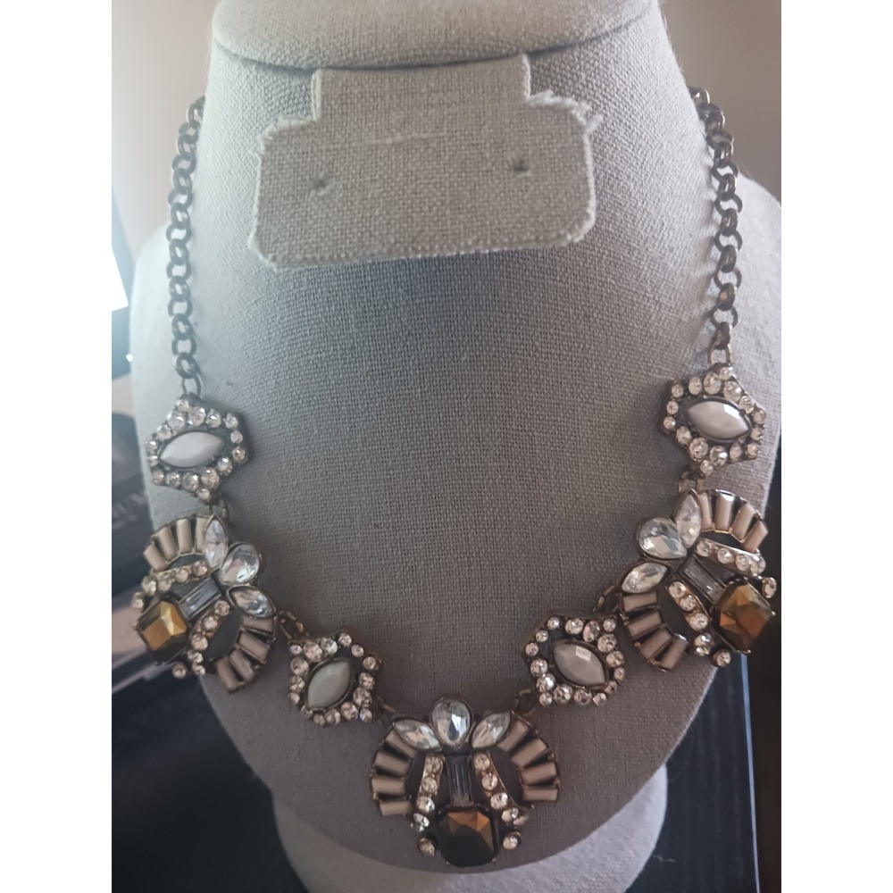New York & Company Statement Bib Necklace Amber Champagne Crystal Brass Tone